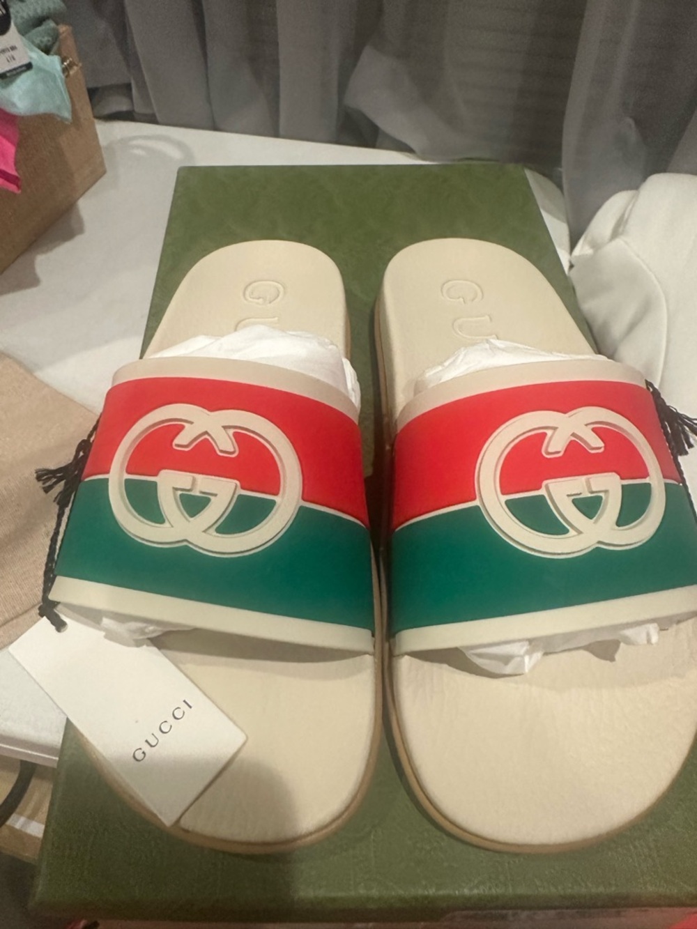 Gucci Red, Green & Cream Interlocking-G Slide Sandals